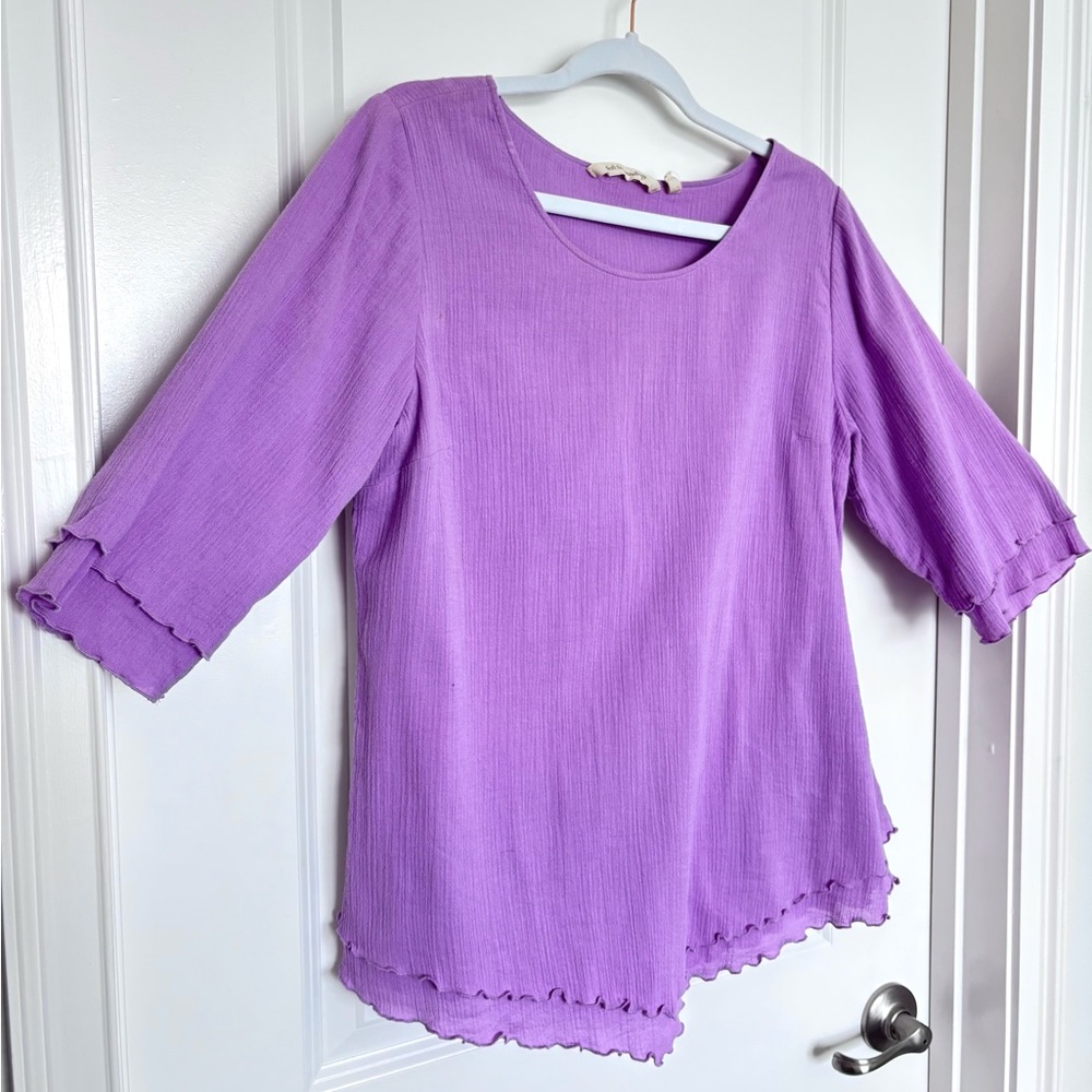 Soft Surroundings Lavender Cotton Ruffle Knit 3/4 Arm Top Small Natural Fiber